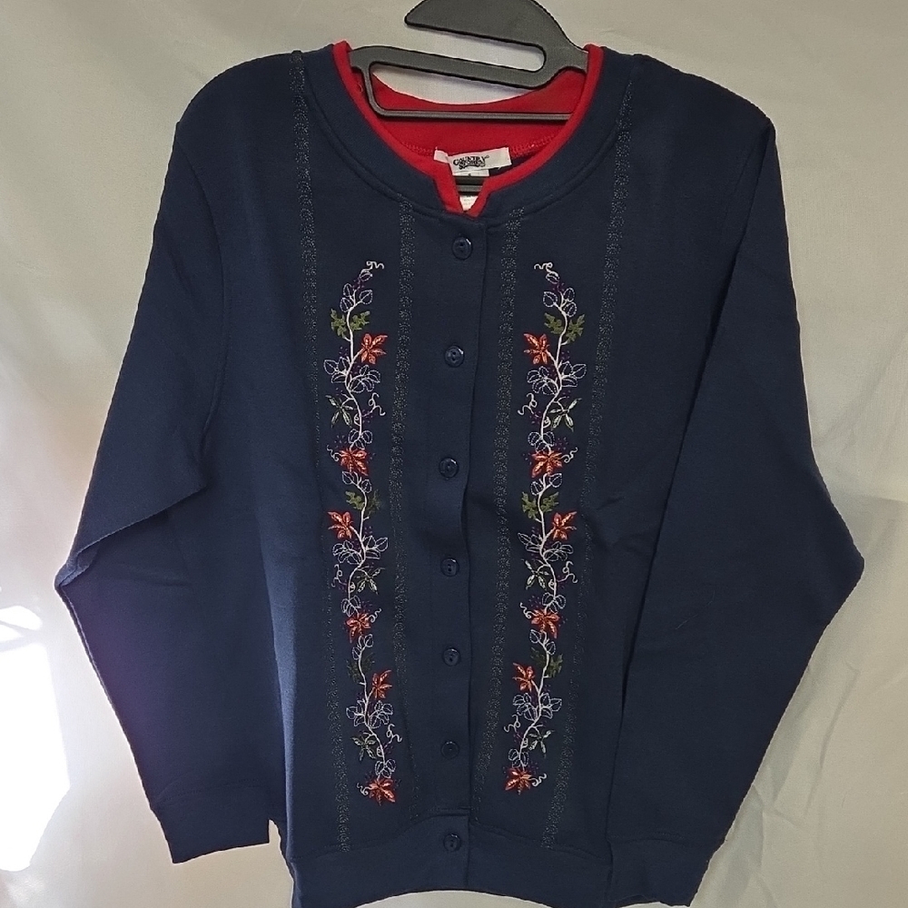 Elegant Navy Blue Embroidered Cardigan.. Country Store Sz Small